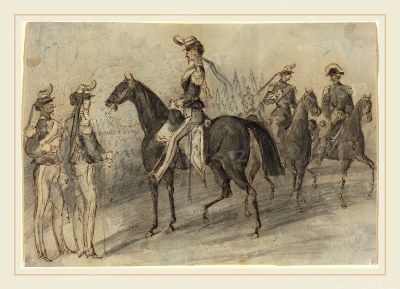 Constantin Guys, French (1805-1892), Military Parade, pen and brown ink with gray wash over graphite