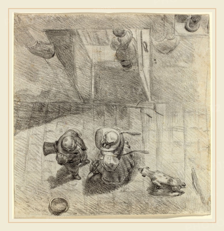 Jean-Ignace-Isidore Grandville, French (1803-1847), Bird's Eye View of a Man and Woman Conversing, c. 1830, graphite on wove paper