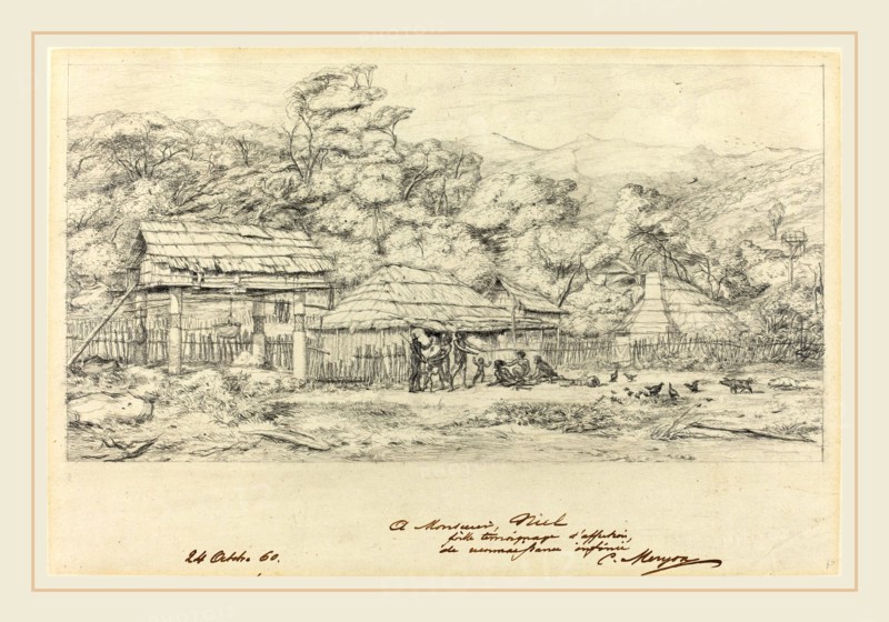 Charles Meryon, French (1821-1868), Greniers indigenes et habitations a Akaroa, presqu'Ile de Banks, 1860, graphite