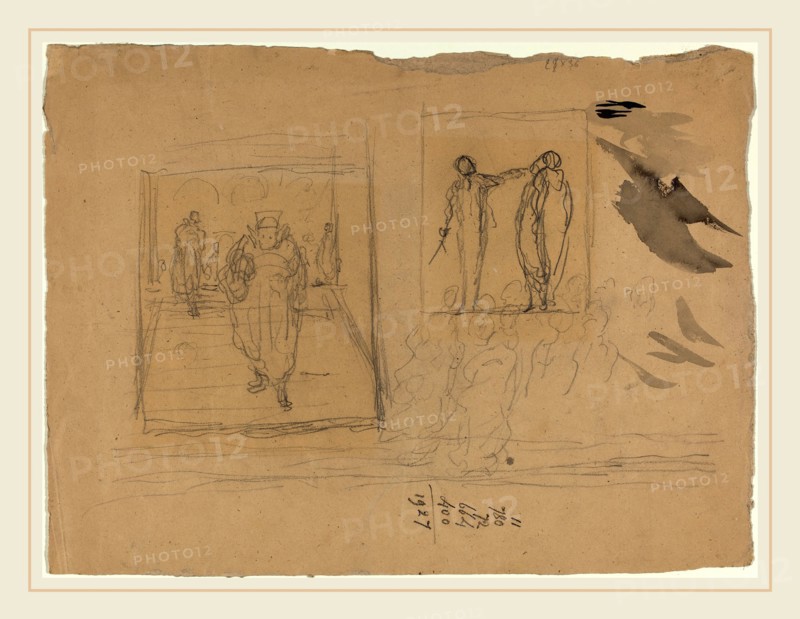Honoré Daumier, French (1808-1879), Scene in a Palace of Justice, black chalk with wash marks on brown paper