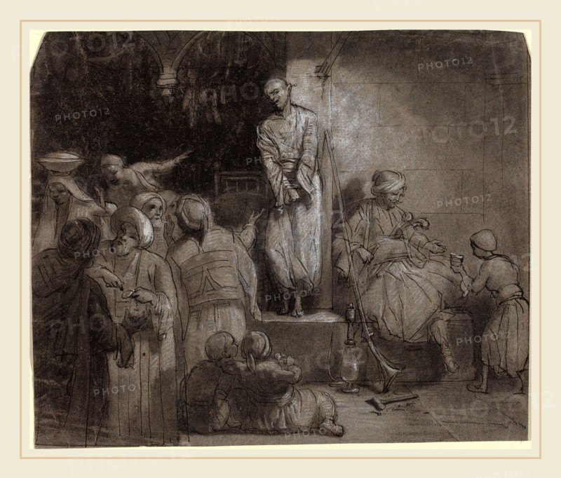Alexandre-Gabriel Decamps, French (1803-1860), The Slave Market [recto], pen and black ink with charcoal, gray wash, and white chalk on gray paper