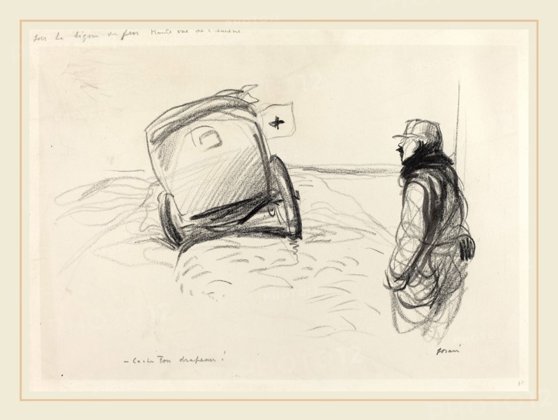 Jean-Louis Forain, Sur la ligne de feu, French, 1852-1931, c. 1914-1919, black crayon with brush and black ink on wove paper