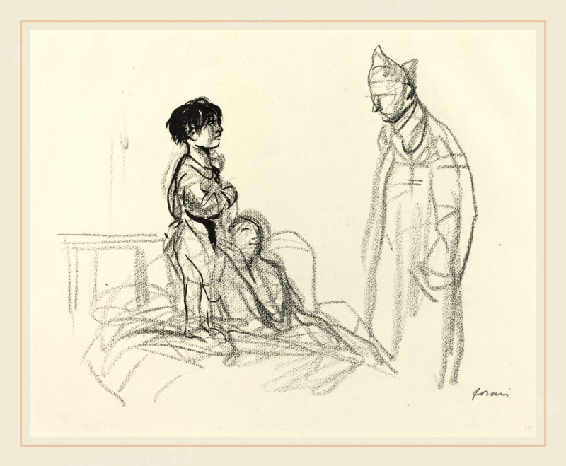 Jean-Louis Forain, Mother and Child Visited by Soldier in Hospital, French, 1852-1931, c. 1914-1919, brush and black ink and black crayon on laid paper