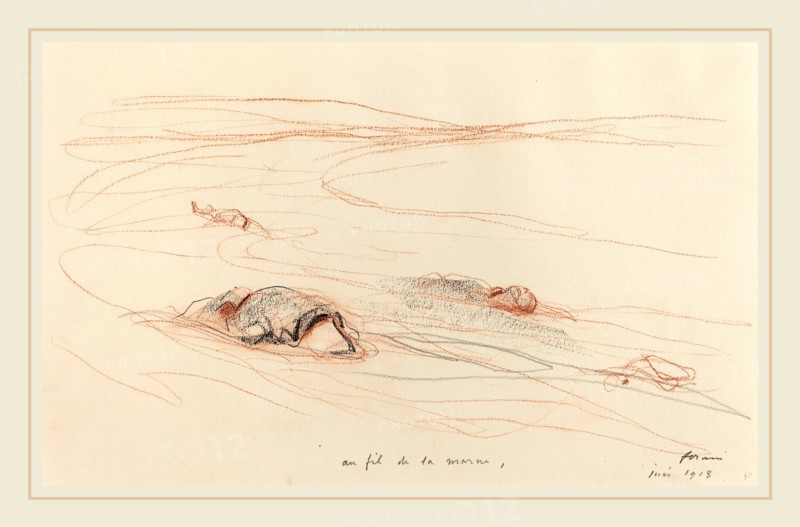 Jean-Louis Forain, Au fil de la marne, French, 1852-1931, 1918, red chalk, black crayon, and graphite on wove paper