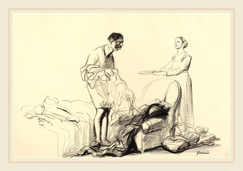 Jean-Louis Forain, Discharged from Military Service, French, 1852-1931, c. 1914-1919, brush and black-brown ink and black crayon on laid paper