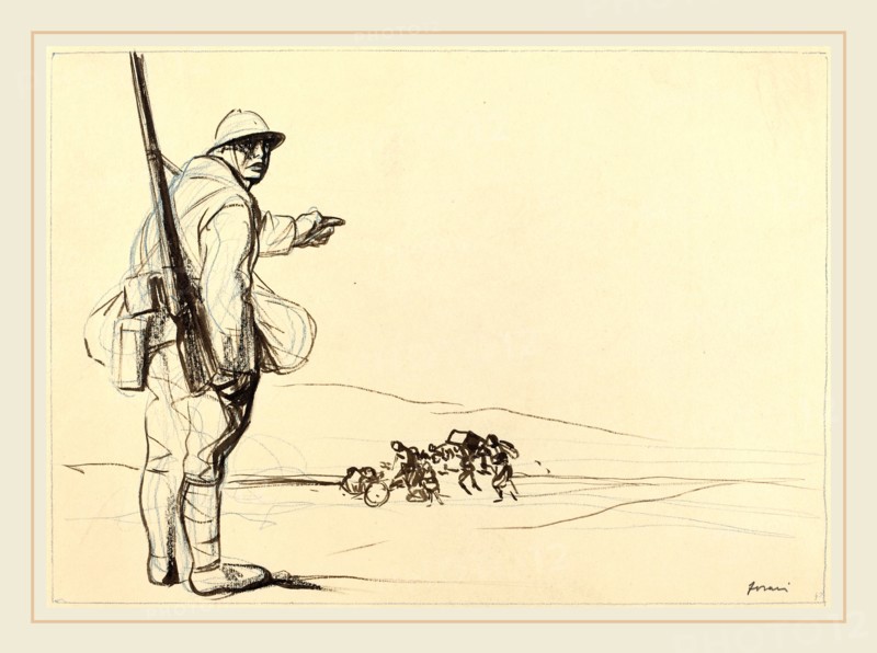 Jean-Louis Forain, German Advance, French, 1852-1931, c. 1914-1919, brush and brown ink and blue and black crayon on wove paper