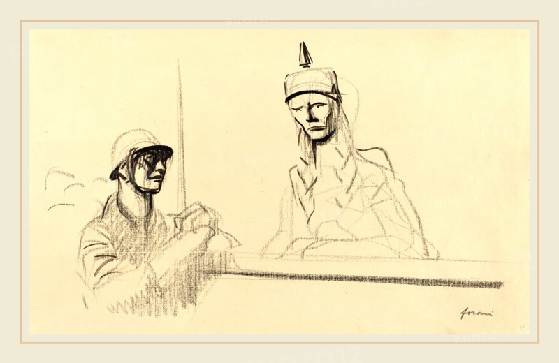 Jean-Louis Forain, French Soldier Addressing Germania, French, 1852-1931, c. 1914-1919, brush and brown ink and black crayon on laid paper