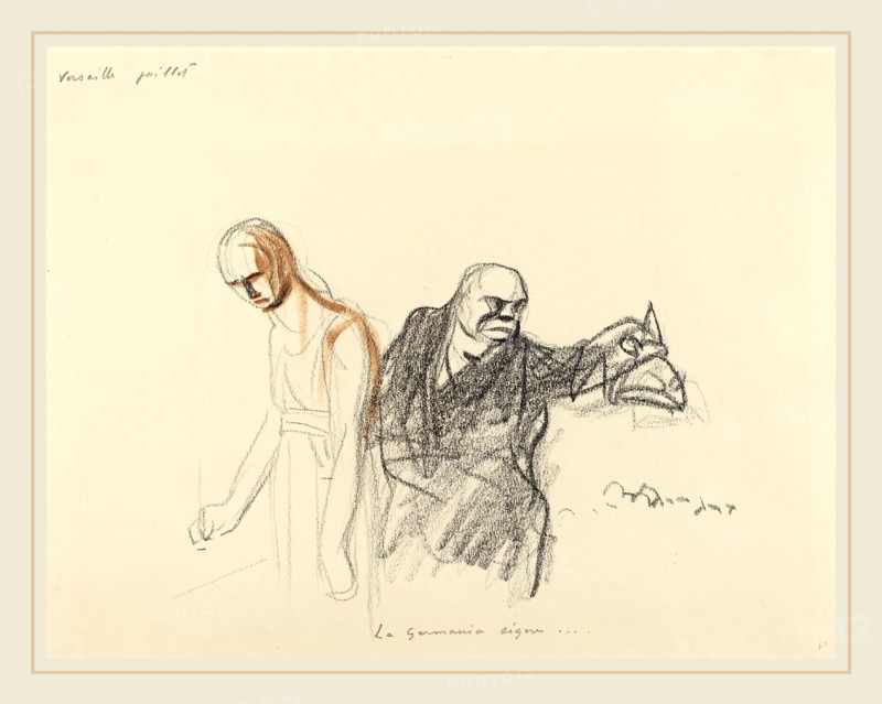 Jean-Louis Forain, Versailles juillet.  La Germania signe..., French, 1852-1931, probably 1919, black crayon and brown wash on wove paper