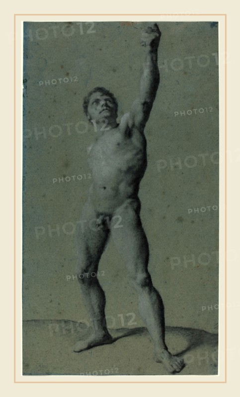 Pierre Paul Prud'hon, French (1758-1823), Male Nude Study, charcoal heightened with white chalk on blue paper
