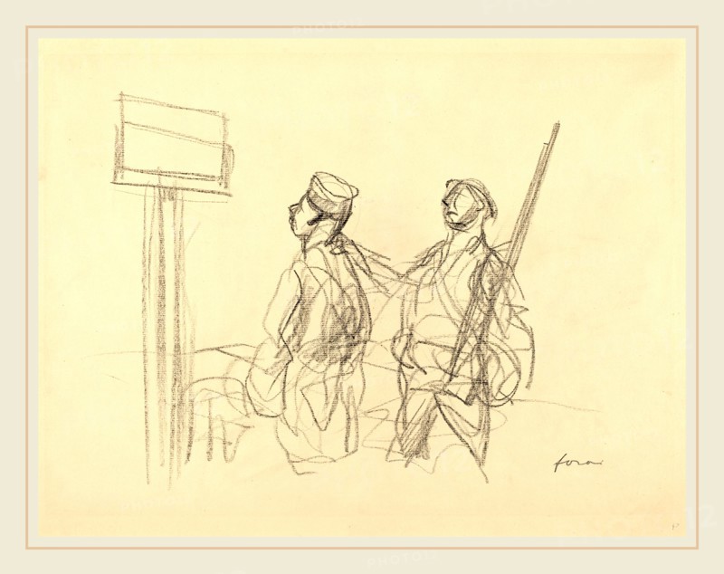 Jean-Louis Forain, Two Soldiers Looking at a Placard, French, 1852-1931, probably 1918, black crayon on laid paper