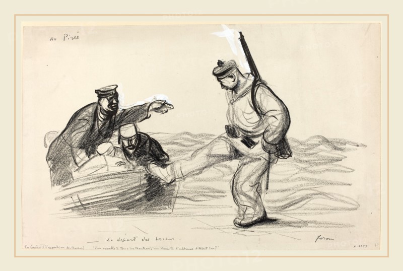 Jean-Louis Forain, Au Piree.  -Le depart des boches., French, 1852-1931, c. 1914-1919, black crayon and brush and black ink corrected with white gouache on wove paper