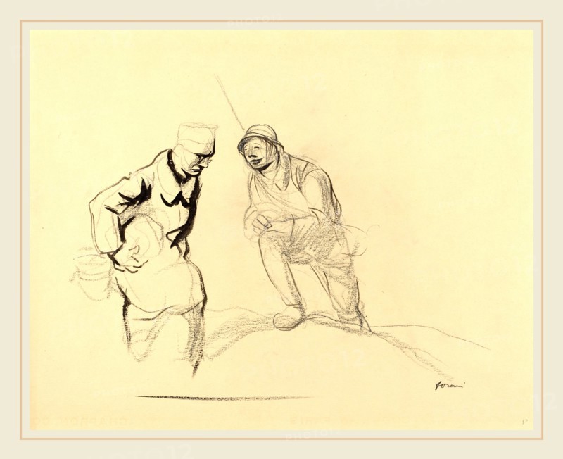 Jean-Louis Forain, Two Soldiers, French, 1852-1931, c. 1914-1919, black crayon and brush and brown ink on wove paper