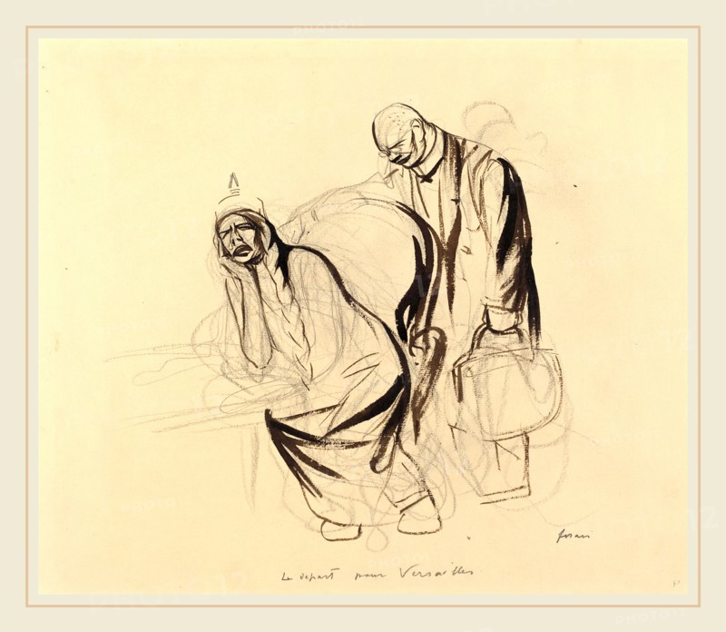 Jean-Louis Forain, Le depart pour Versailles, French, 1852-1931, c. 1919, brush and brown ink over (graphite?) on laid paper