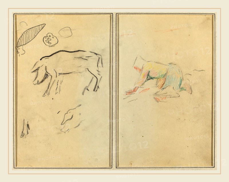 Paul Gauguin, French (1848-1903), A Pig; Breton Peasant Kneeling [verso], 1884-1888, crayon and graphite on wove paper