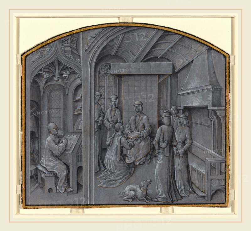 Georges Hurtrel, French (active 1870-1887), Scribe Writing and the Author Presenting His Book, in or before 1870, pen and black ink with black wash,  heightened with white and gold, on gray prepared paper (grisaille)