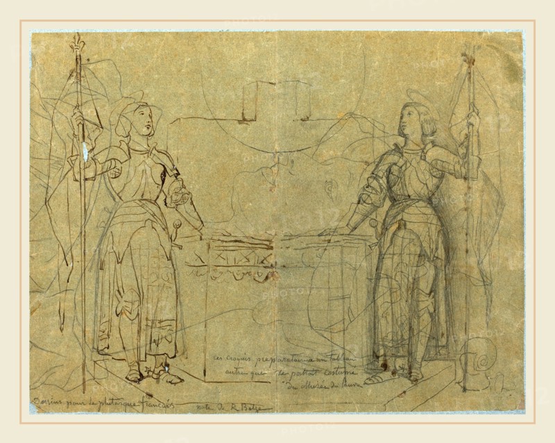 Jean-Auguste-Dominique Ingres, French (1780-1867), Joan of Arc Standing at the Altar at Reims Cathedral, c. 1844, pen and brown ink and graphite on tracing paper laid down on blue paper