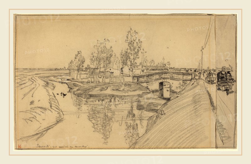 Auguste LepÃ¨re, Arrivee au Marche, French, 1849-1918, black chalk on two sheets of laid paper