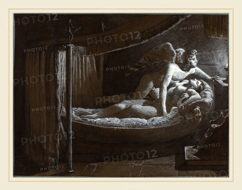 FranÃ§ois-Edouard Picot, French (1786-1868), Cupid with Psyche Extinguishing the Lamp, pen and black ink with brown and gray wash and white heightening on brown prepared laid paper