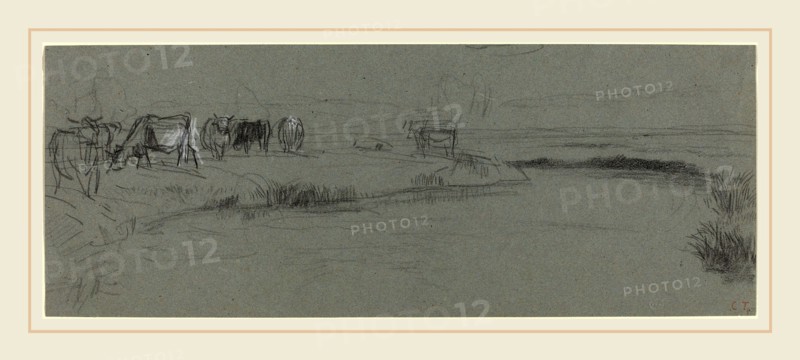 Constant Troyon, French (1810-1865), River Bank with Cattle, probably after 1850, black and white chalk on blue wove paper