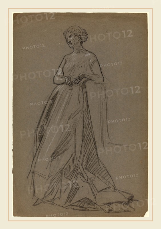 French 19th Century, Standing Woman Leaning on Her Elbow, 1890s, black chalk heightened with white chalk on gray-blue laid paper
