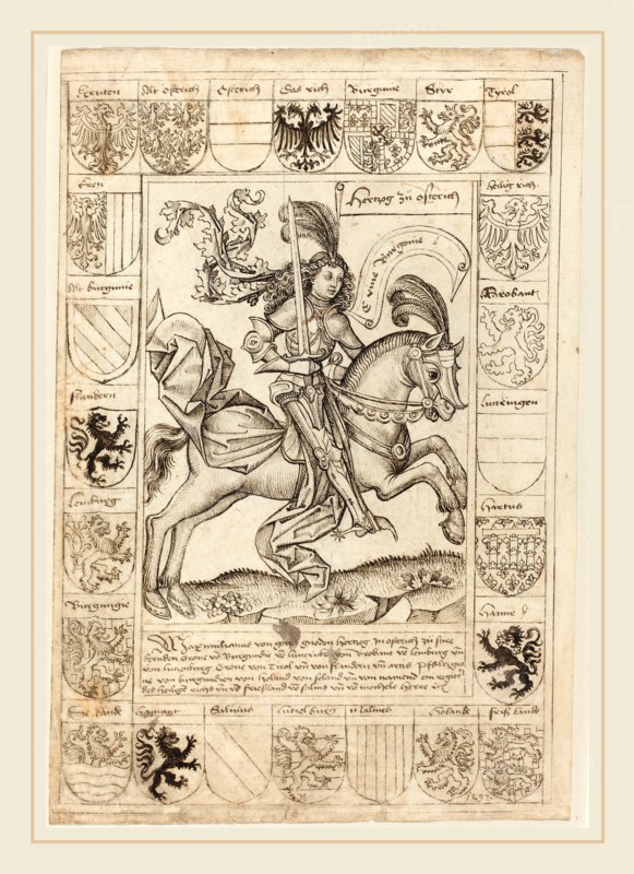 Primary Master of the Strassburg Chronicle, German (active 1480s and 1490s), Maximilian, Duke of Austria, on Horseback, 1492, pen and black ink over traces of black chalk on laid paper ruled in leadpoint