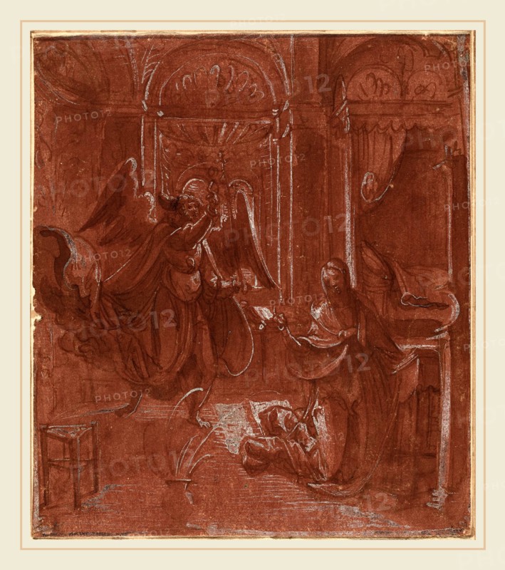German 16th Century, The Annunciation, c. 1520, pen and brown ink with red-brown wash heightened with white on red-brown prepared laid paper