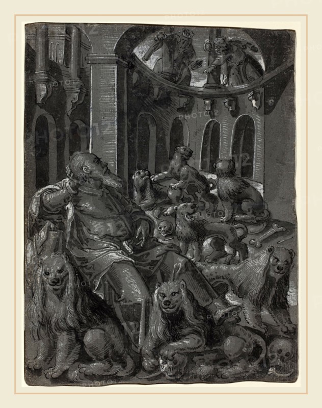 German 16th Century, Daniel in the Lions' Den [recto], c. 1600, pen and black ink with brush and gray ink and graywash heightened with white on gray prepared paper