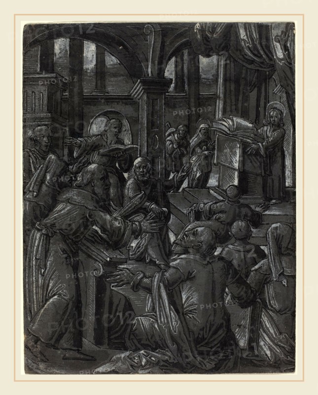 German 16th Century, Christ Disputing with the Doctors, c. 1600, pen and black ink with brush and gray ink and  gray wash heightened with white on gray prepared paper