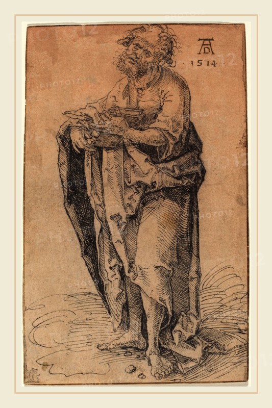Hans SÃ¼ss von Kulmbach, German (c. 1485-1522), A Standing Apostle Holding a Book, c. 1510 or before, pen and black ink on laid paper, lightly washed pink