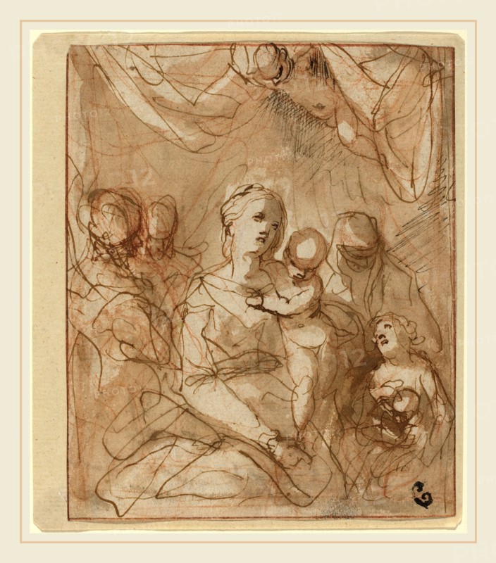 Hans Rottenhammer, German (1564-1625), The Virgin and Infant Jesus with Saints, c. 1600, pen and brown ink with brown wash over red chalk