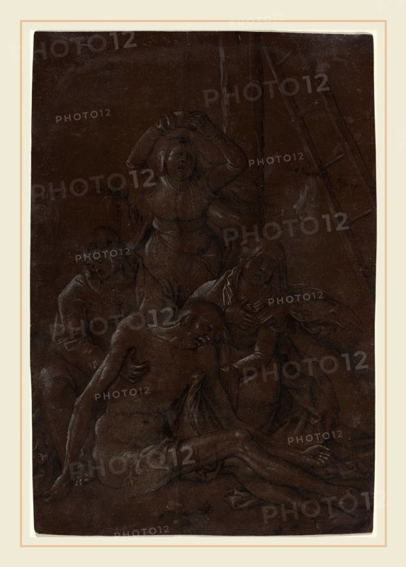 Hans Baldung Grien, German (1484-1485-1545), The Lamentation, c. 1515, brush and black ink, heightened with white, on dark brown prepared paper; the surface varnished