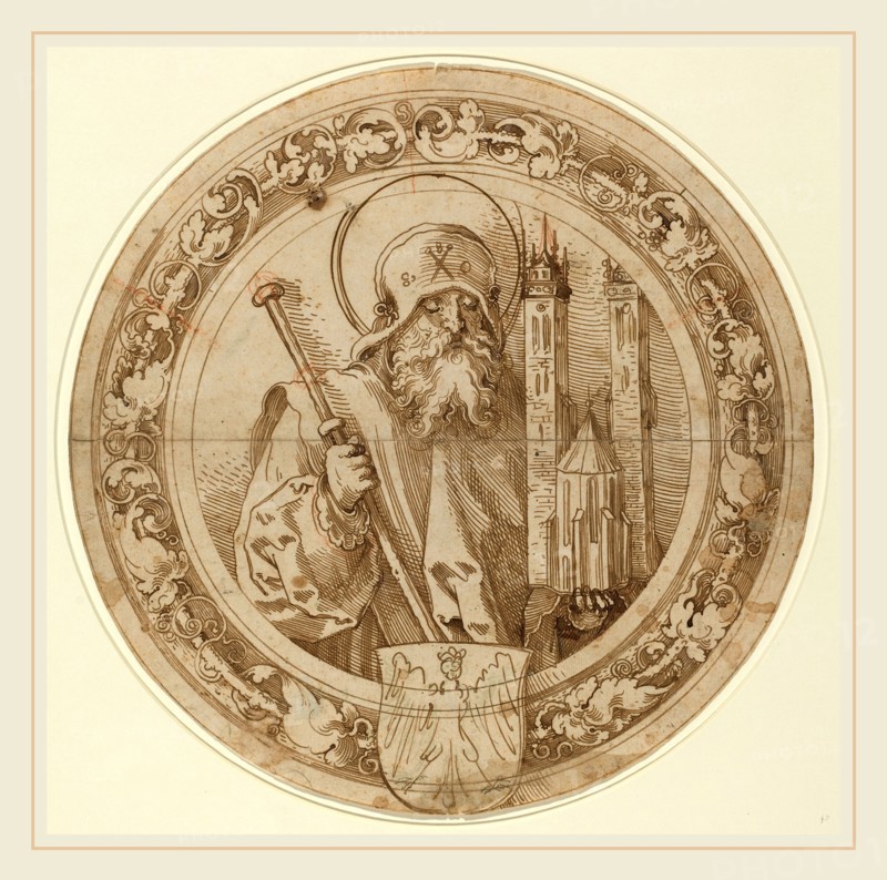 Sebald Beham, German (1500-1550), Saint Sebald Carrying the Model of His Church in Nuremberg, c. 1521, pen and brown ink with touches of red chalk on laid paper