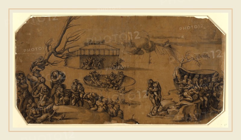 Georg Pencz after Michelangelo, German (c. 1500-1550), The Flood, 1530s, pen and black ink with gray wash, heightened with white, over charcoal on brown prepared paper
