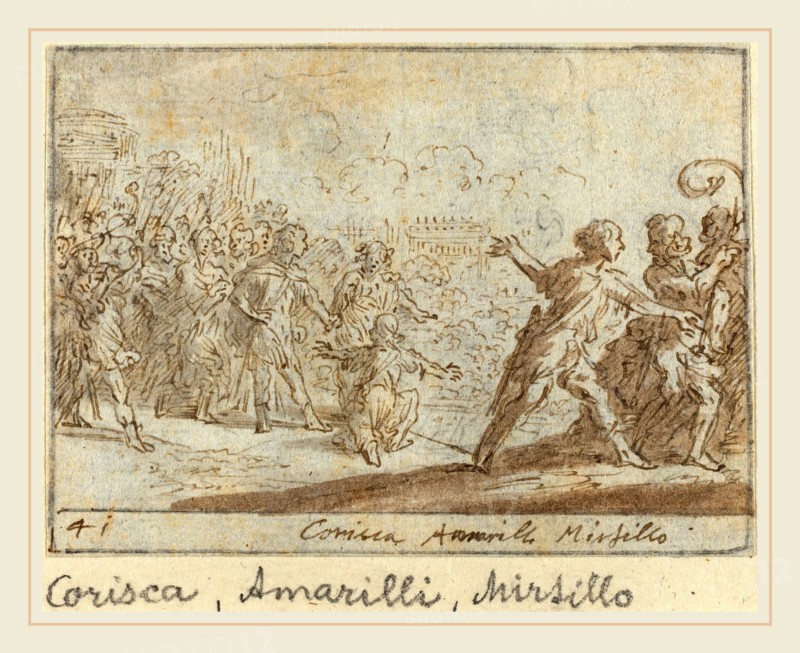 Johann Wilhelm Baur, German (1607-1641), Corisca, Amarilli and Mirtillo, 1640, pen and brown ink with brown wash on laid paper