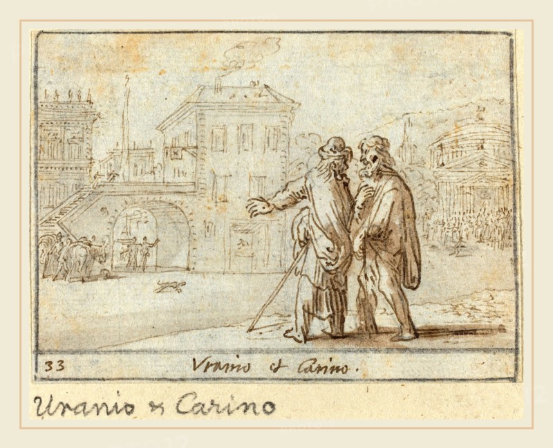 Johann Wilhelm Baur, German (1607-1641), Uranio and Carino, 1640, pen and brown ink with brown wash on laid paper