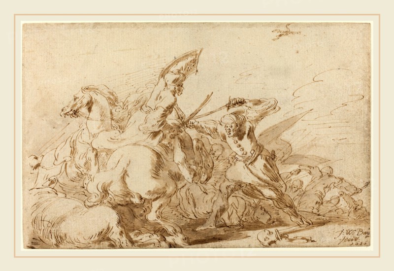 Johann Wilhelm Baur, German (1607-1641), A Battle between Oriental Cavalry and Soldiers, 1636, pen and brown ink and wash on laid paper
