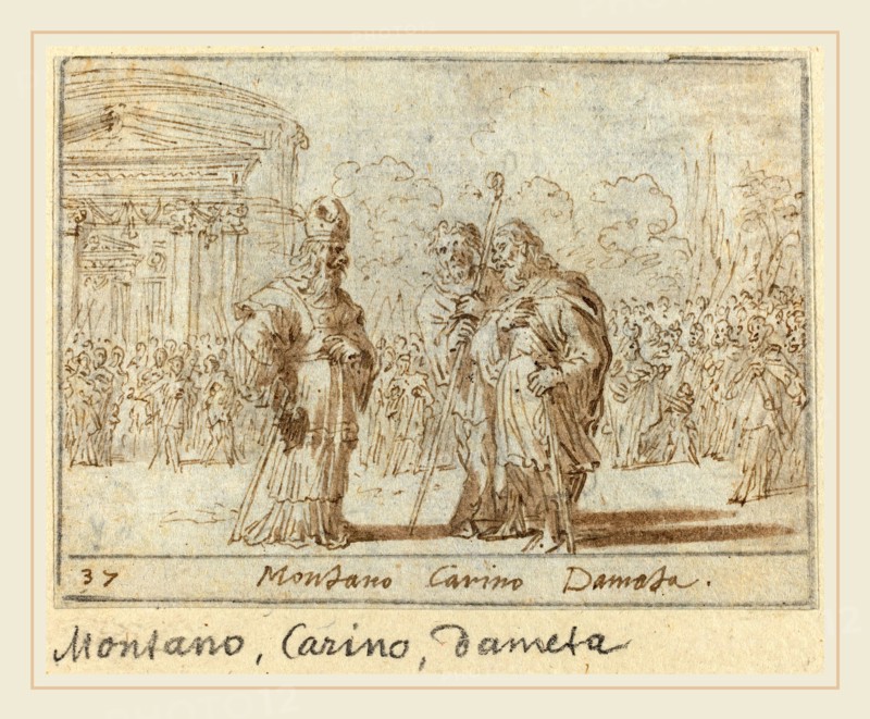 Johann Wilhelm Baur, German (1607-1641), Montano, Carino and Dameta, 1640, pen and brown ink with brown wash on laid paper