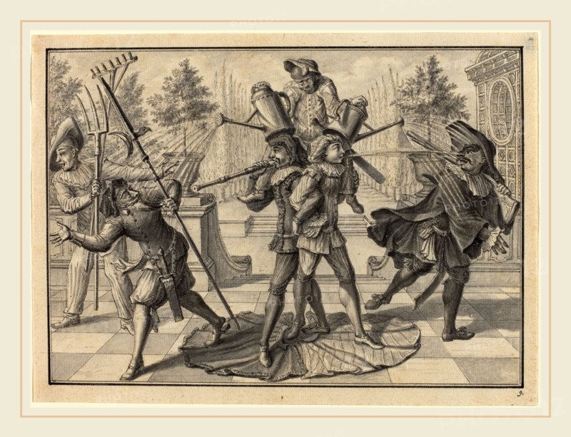 Johann Jacob SchÃ¼bler, German (1689-1741), Harlequin and Scaramouche Create a "Fountain", 1729, pen and black ink and gray wash on laid paper, scored for transfer