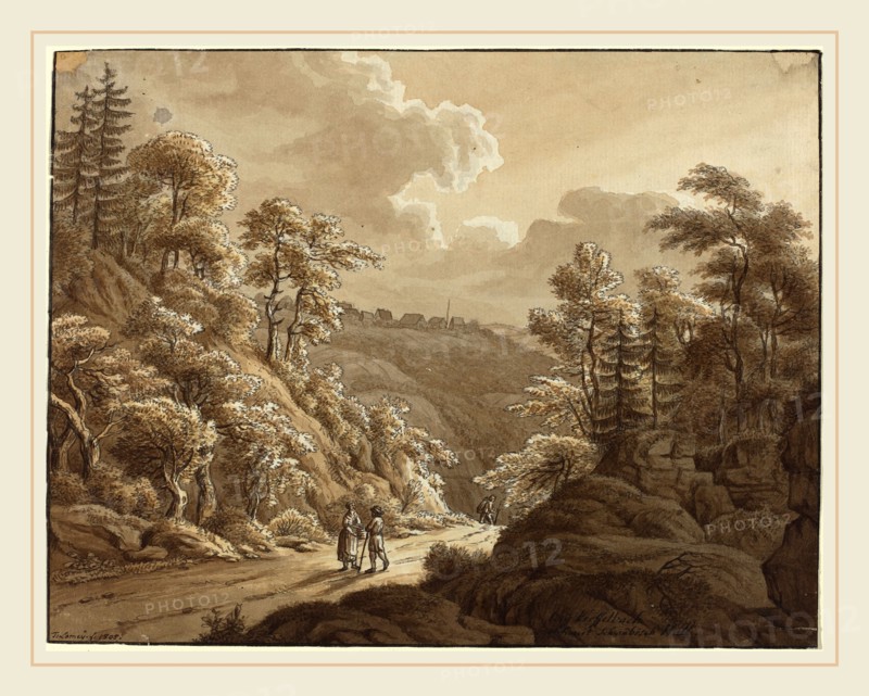 T. Lamey, German (active 1805), Road through the Woods near Kresselbach, 1805, pen and black ink with brown wash on laid paper