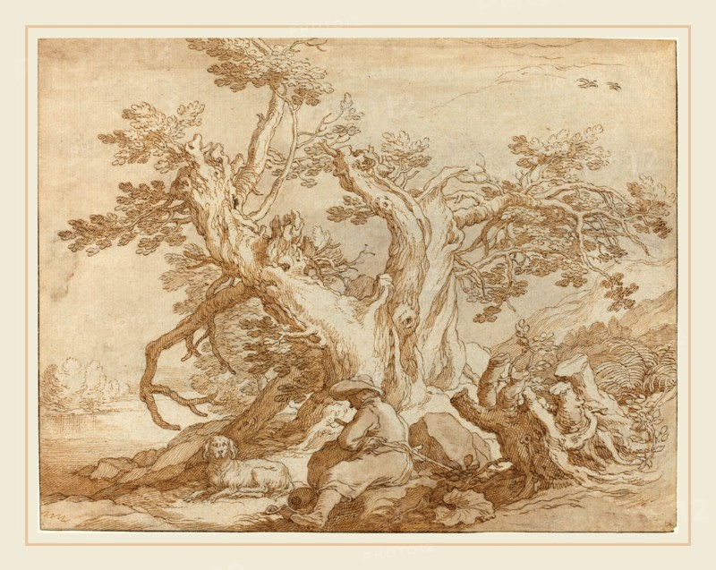 Abraham Bloemaert, Dutch (1564-1651), Landscape with Seated Figure and Dog, black chalk and pen and brown ink with brown wash on brown paper