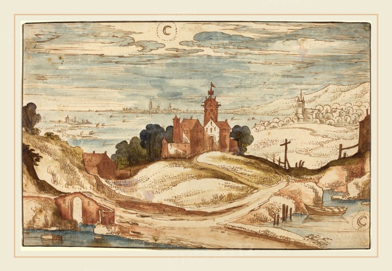 Joos de Momper II, Flemish (1564-1635), Landscape with Chateau on a Hill, pen and brown ink with brown wash and watercolor, heightened with white, on laid paper