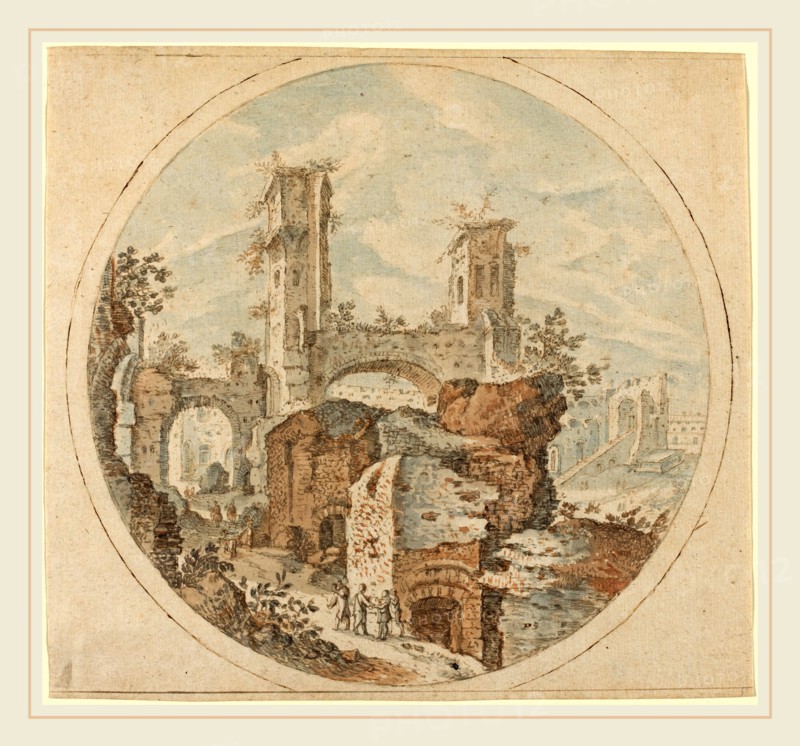 Pieter Stevens, Flemish (c. 1567-1624 or after), Travellers among Roman Ruins, pen and brown ink with red-brown and blue wash, indented with stylus