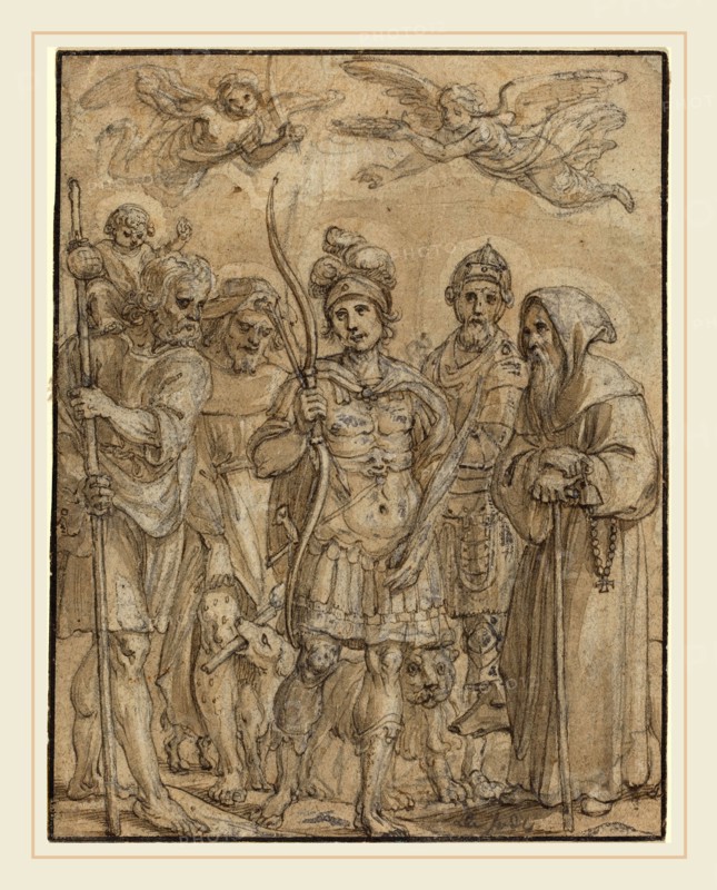 Pieter de Jode I, Flemish (1570-1634), Five Saints, pen and brown ink with brown wash over black chalk
