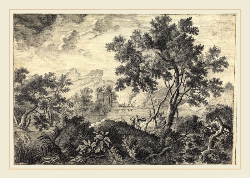 Attributed to Frédéric de Moucheron (Netherlandish, 1633-1686), Classical Landscape with a Tempietto, pen and black ink on vellum