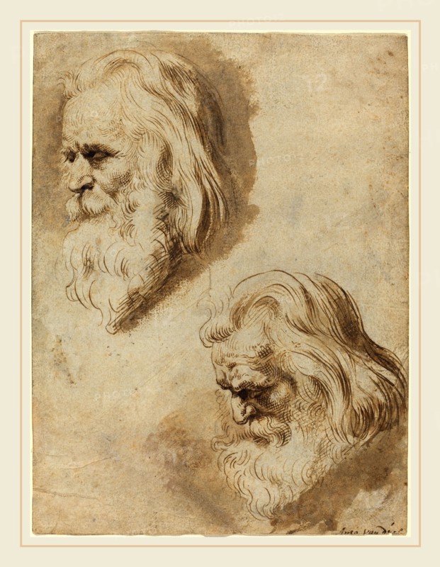 Paulus Pontius after Sir Peter Paul Rubens, Flemish (1603-1658), Two Studies of an Elderly Man's Head, pen and brown ink with brown wash on laid paper; verso chalked for transfer