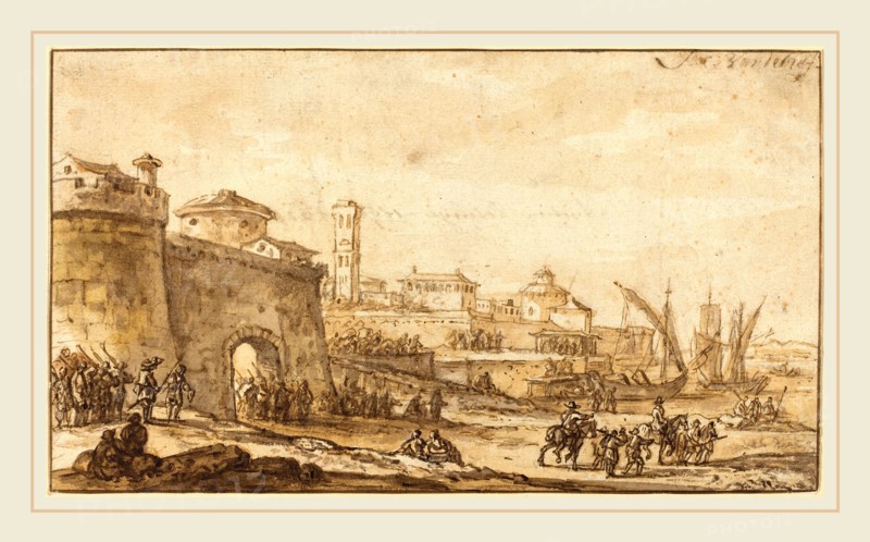 Jacob van der Ulft, Dutch (1621-1689), A Coastal Scene with a Fortified Town, c. 1670, pen and brown ink with brown, gray, and yellow washes over graphite on laid paper