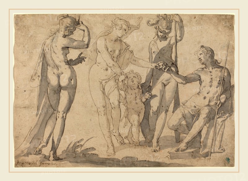Joachim Anthonisz Wtewael, Dutch (c. 1566-1638), The Judgment of Paris, c. 1615, pen and brown ink with gray washes over black chalk on laid paper
