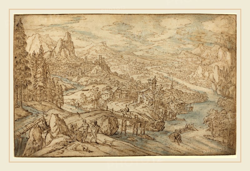 Tobias Verhaecht, Flemish (1561-1631), River Landscape, pen and brown ink with blue and brown wash on  laid paper