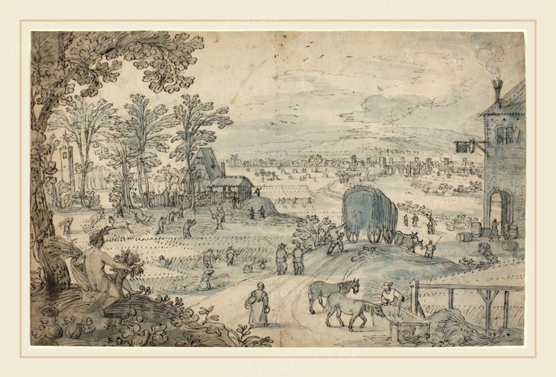 Lodewyk Toeput, Flemish (c. 1550-1603-1605), Summer Harvest in an Extensive Landscape, pen and black ink with blue and gray wash over black chalk on laid paper
