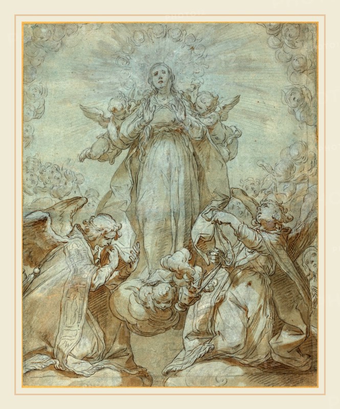 Abraham Bloemaert, Dutch (1564-1651), The Virgin in Glory, pen and brown ink with brown wash heightened with white over black chalk on blue paper